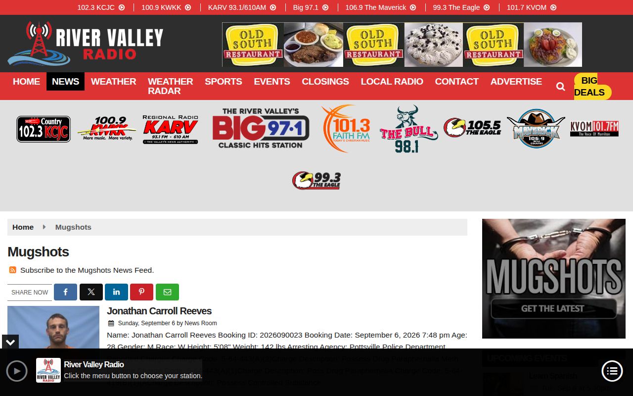 River Valley Radio regional arrest booking news category relevant to Clarksville