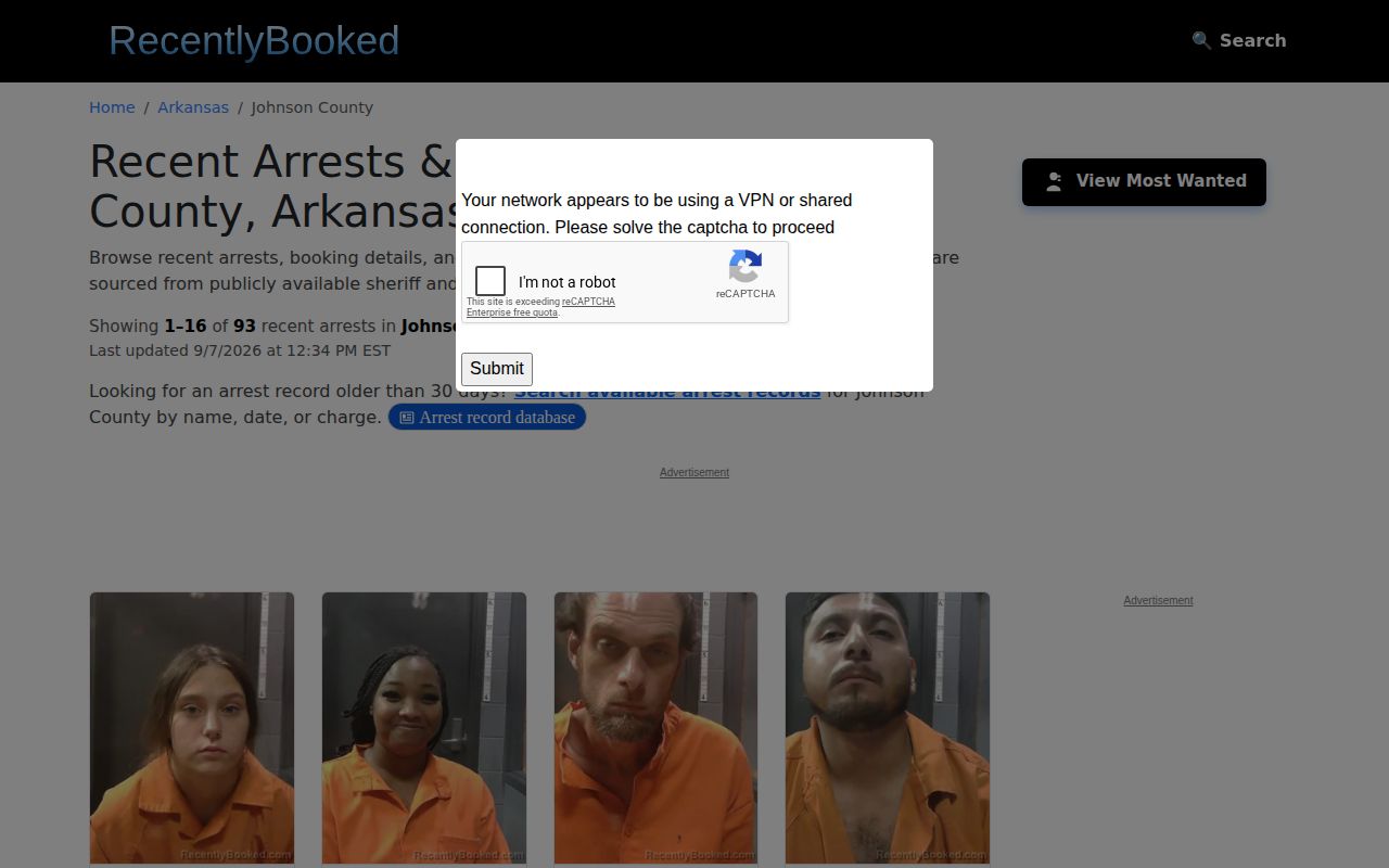 Unofficial Johnson County arrest archive date format and disclaimer