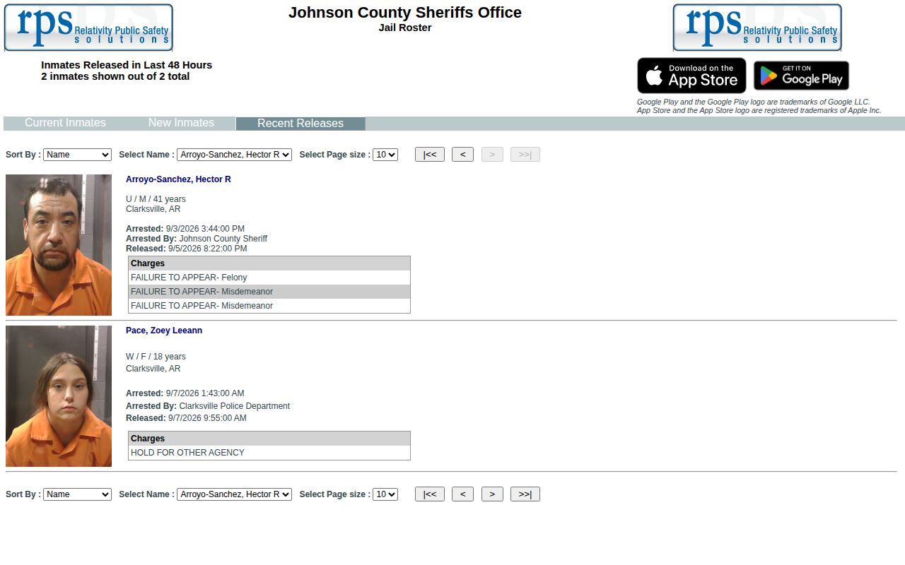 Johnson County Recent Releases search showing the official 48-hour release window
