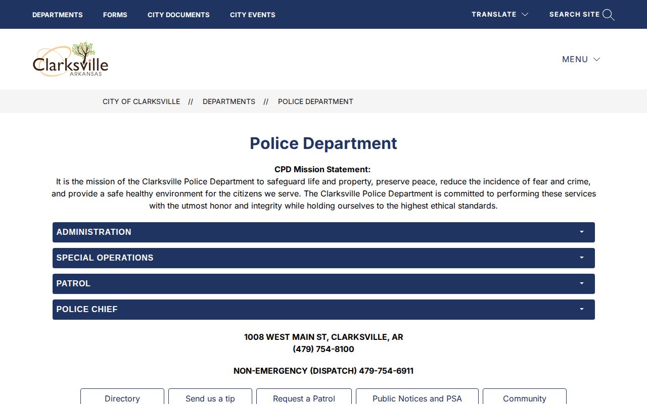 Clarksville Police Department official contact page for arrest records