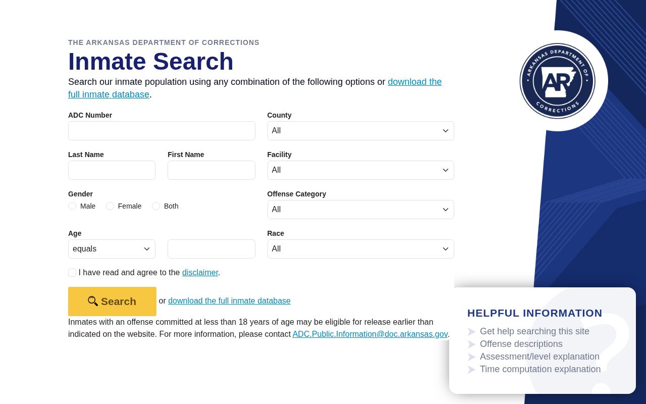 Arkansas Department of Corrections inmate search fields and terms